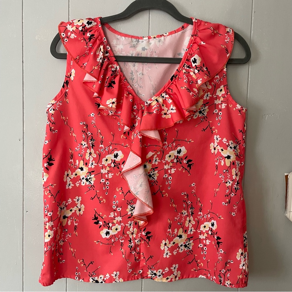 Floral Ruffle V-Neck Top - Pink